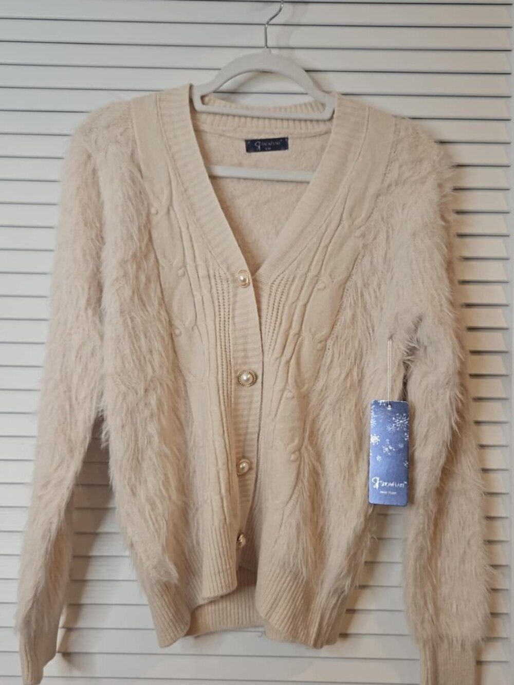 Snowflake Beige Fuzzy Cardigan Sweater – New With Tags